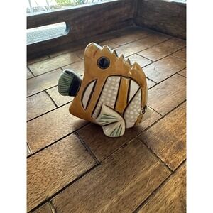 Vintage Artesania Rinconada Ceramic Fish Figurine Hand Carved Art Pottery Yellow